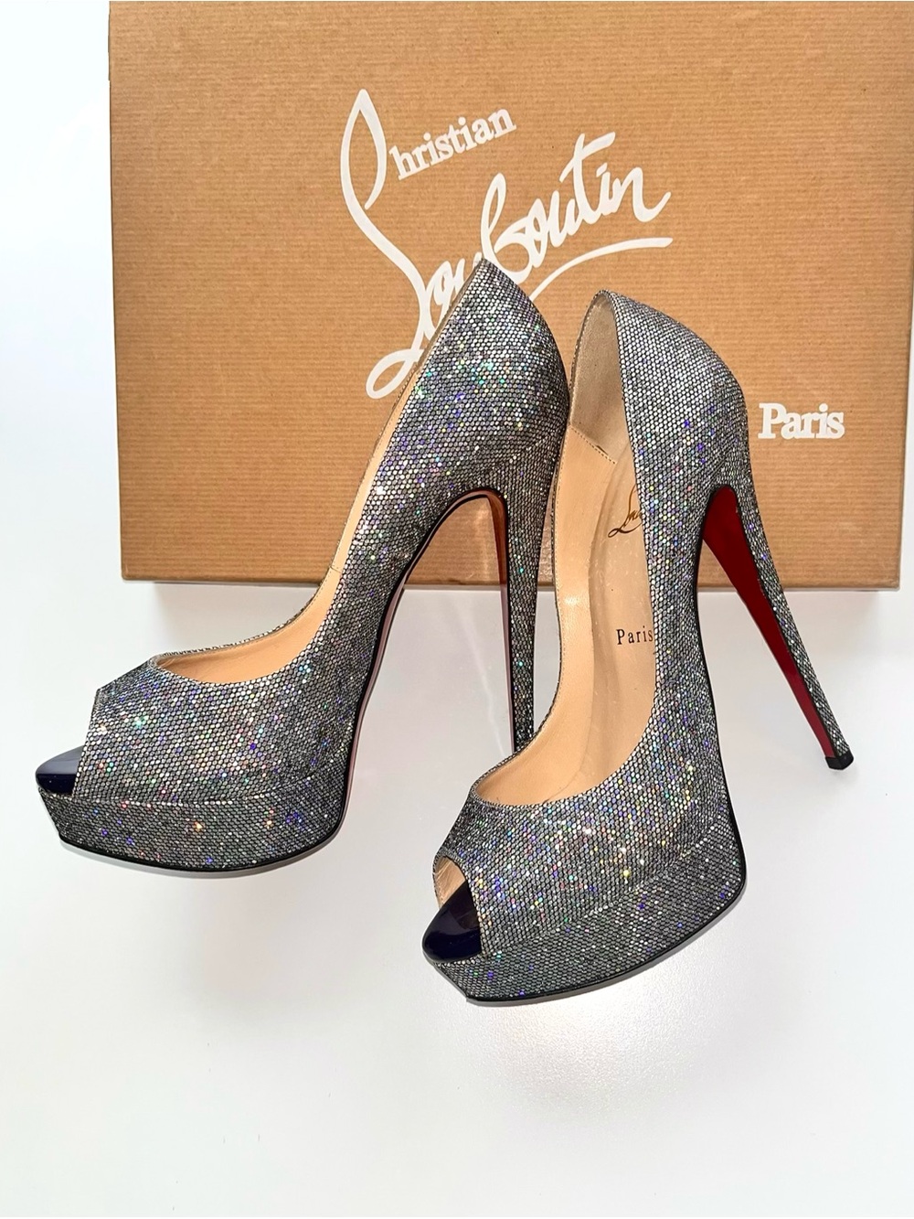 Christian Louboutin Disco Silver Glitter 150 Lady Peep Platform Heels 38 Sparkly